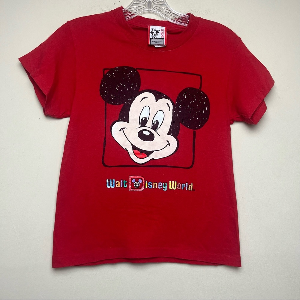 VINTAGE Mickey Walt Disney World Shirt Youth XS/S Red Designs Single Stitch 90s